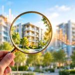 A person holding a magnifying glass focused on a modern apartment building with greenery, while a graph overlay suggesting growth is visible in the background.