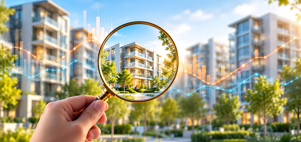 A person holding a magnifying glass focused on a modern apartment building with greenery, while a graph overlay suggesting growth is visible in the background.